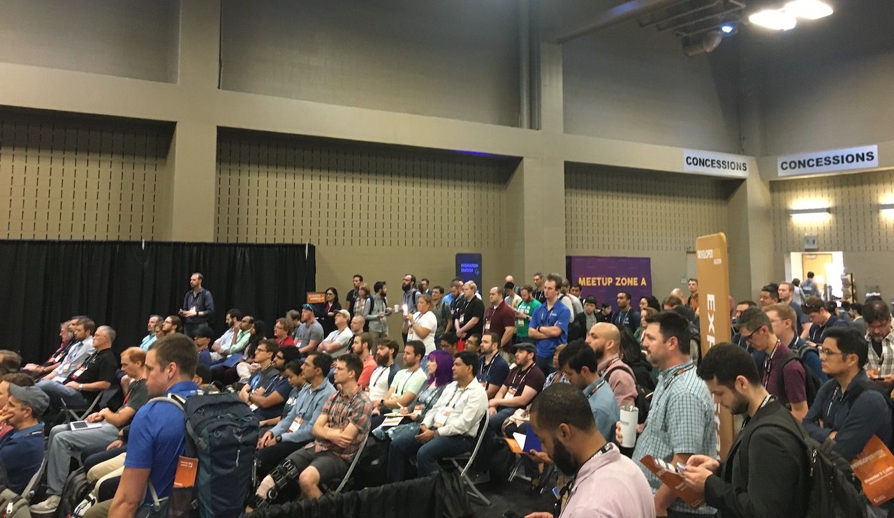 Audience watching Robert Collings' lightning talk about monetizing open source at the DeveloperWeek Austin conference in November 2019.