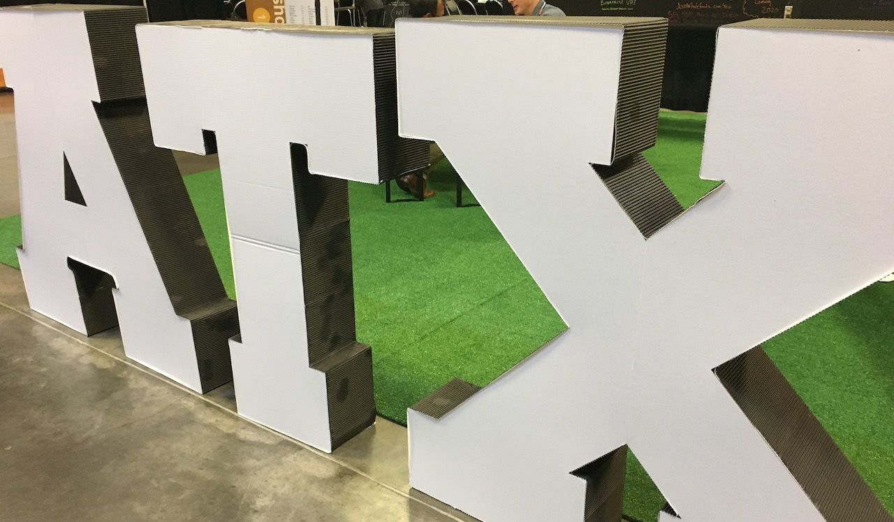 Sign at the entrance to the DeveloperWeek Austin conference, large freestanding letters, A, T, and X (ATX).