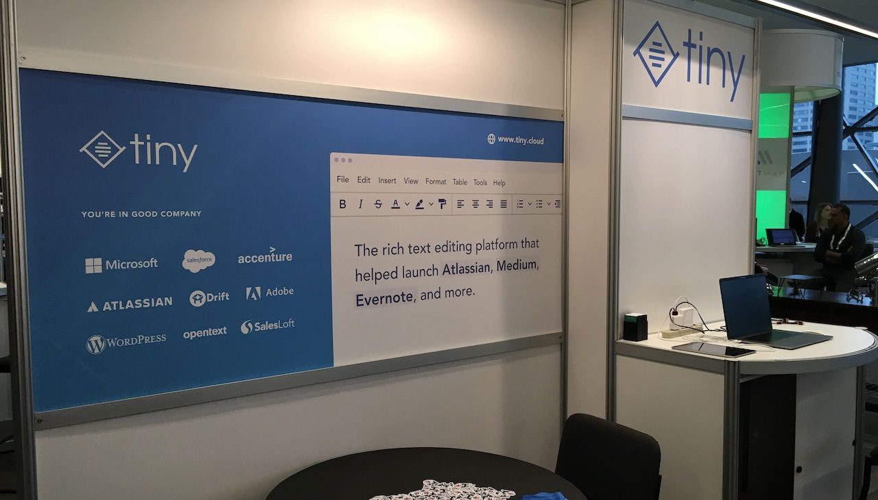 TinyMCE booth setup at the SaaS North conference 2019, in Ottawa, Canada.